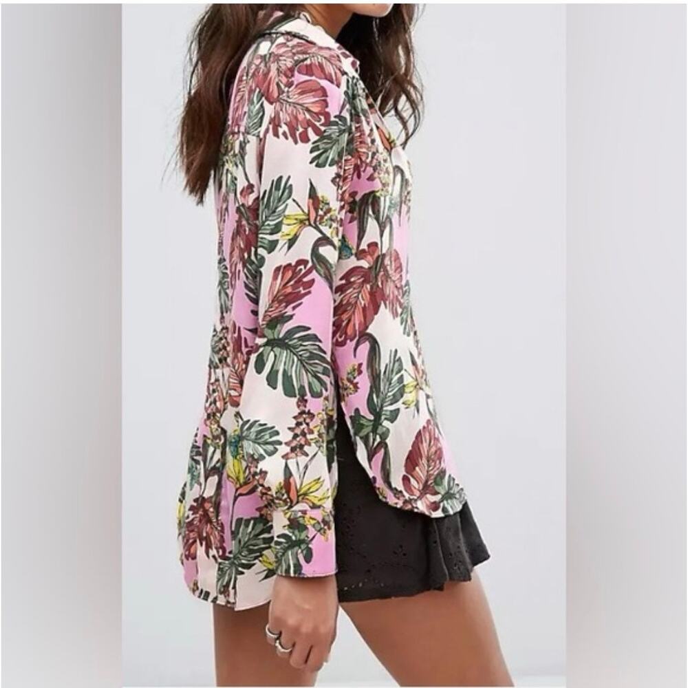 Free People Oversized Tropical Butterfly Print Satin Tunic Blouse S Palms Resort